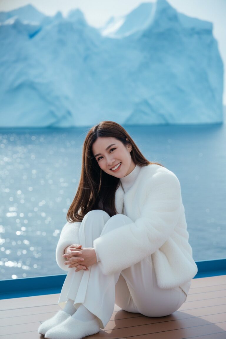 Làm đẹp tự nhiên cùng cô gái Á Đông trên boong tàu giữa biển xanh và băng tuyết