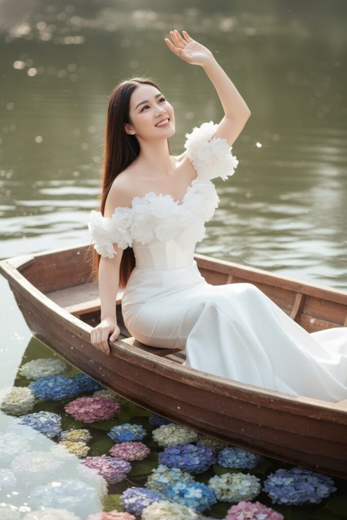 Cô gái Á Đông trong cảnh đẹp mơ mộng bên chiếc thuyền gỗ giữa ánh hoàng hôn