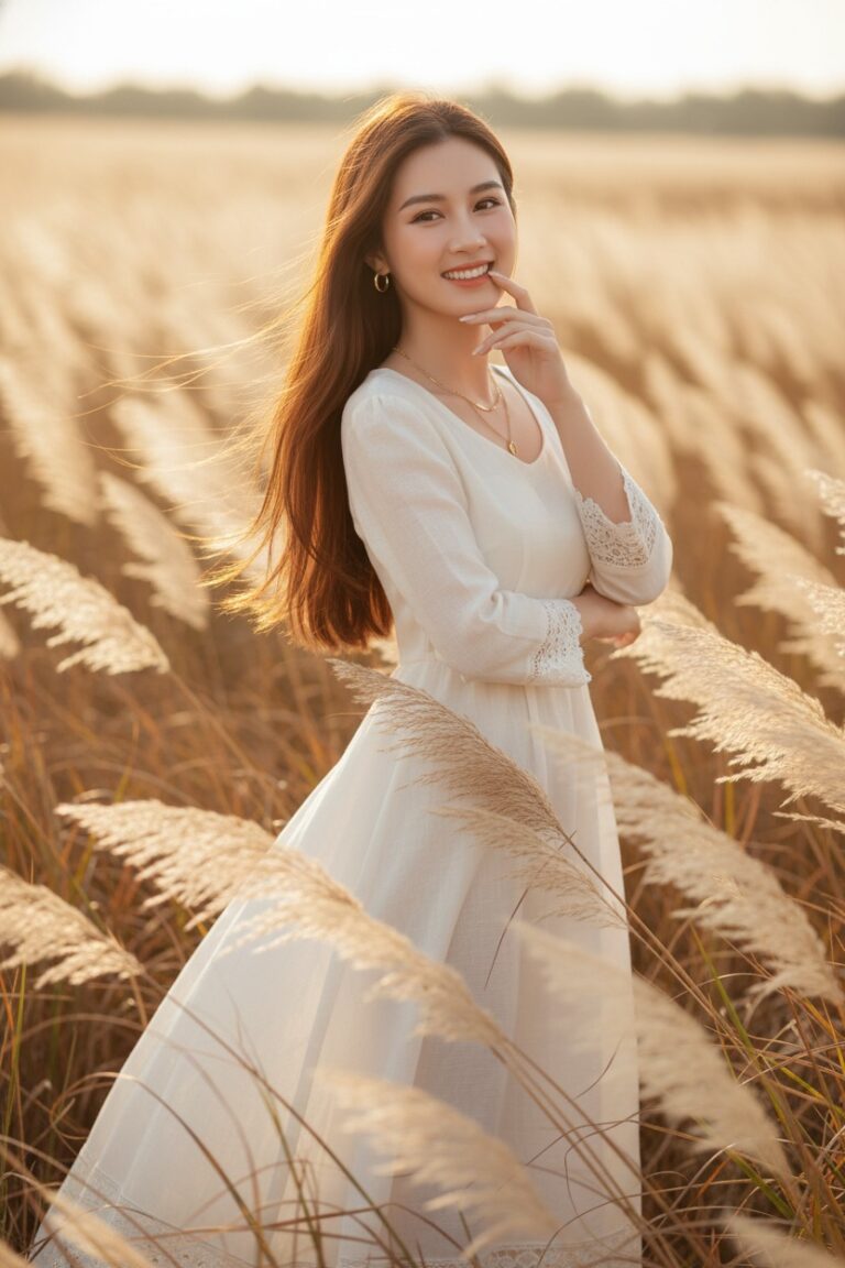 Chân Dung Cô Gái Á Đông Xinh Đẹp Giữa Cánh Đồng Pampas Tuyệt Đẹp