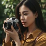 Chân dung gần gũi của cô gái trẻ với máy ảnh vintage trong ánh sáng tự nhiên