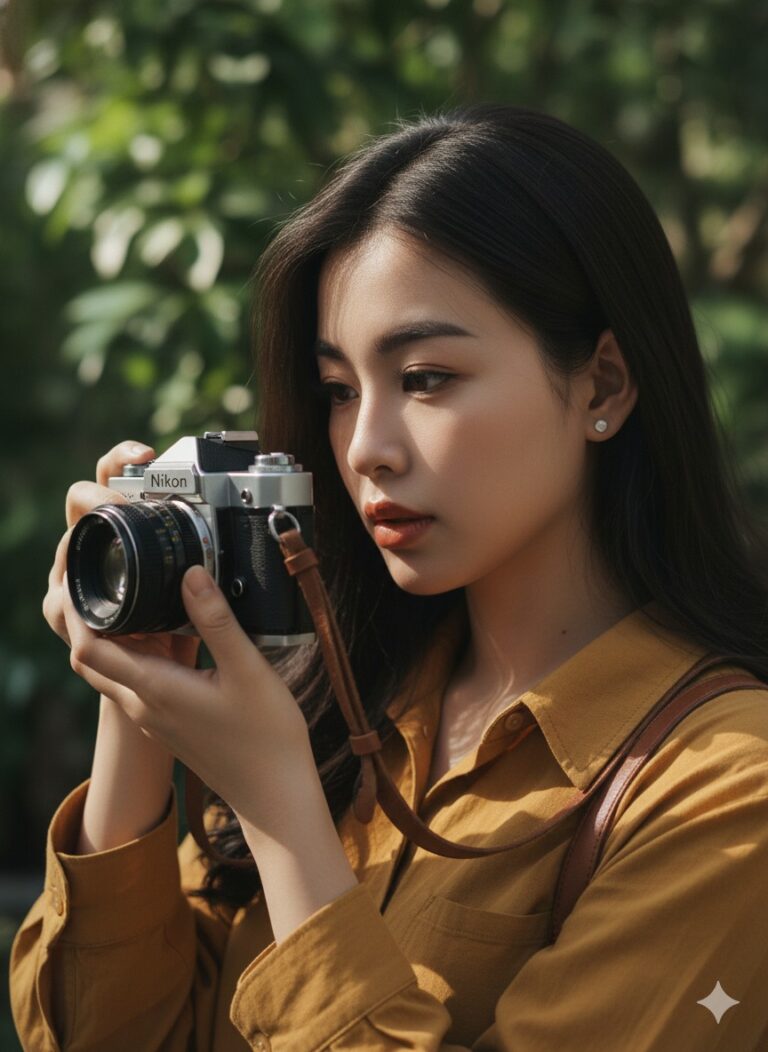 Chân dung gần gũi của cô gái trẻ với máy ảnh vintage trong ánh sáng tự nhiên