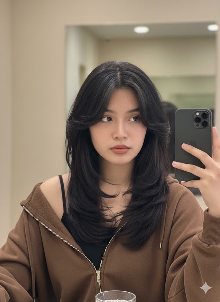 Chụp ảnh selfie tinh tế của cô gái châu Á trong không gian sạch sẽ và sang trọng