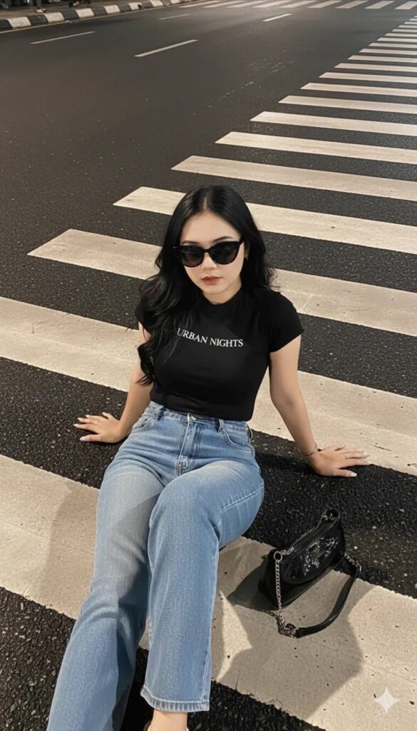 Phong cách Street Style với cô gái cá tính trên vạch kẻ đường vào đêm tối