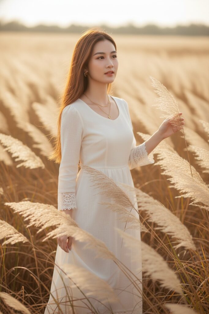 Nét đẹp tự nhiên của người phụ nữ Đông Á giữa cánh đồng pampas lúc hoàng hôn