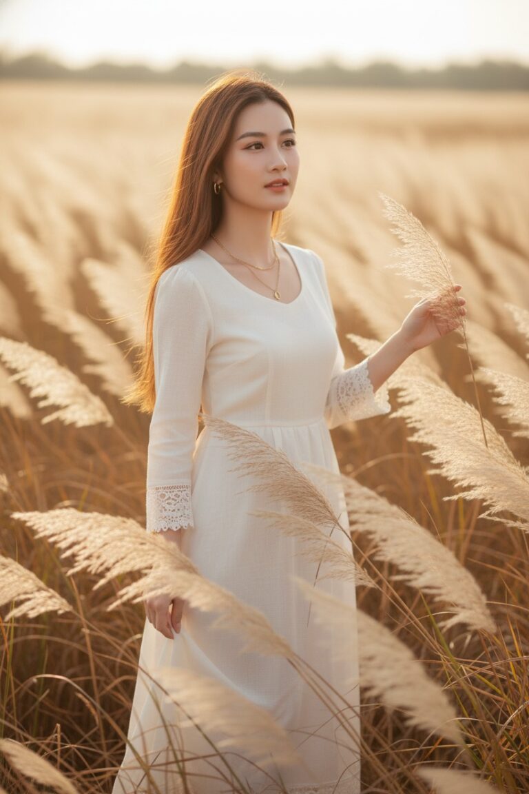 Nét đẹp tự nhiên của người phụ nữ Đông Á giữa cánh đồng pampas lúc hoàng hôn