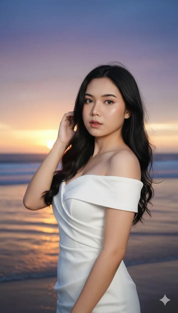 Nàng thơ bên bờ biển lúc hoàng hôn trong bộ váy trắng dịu dàng và lãng mạn