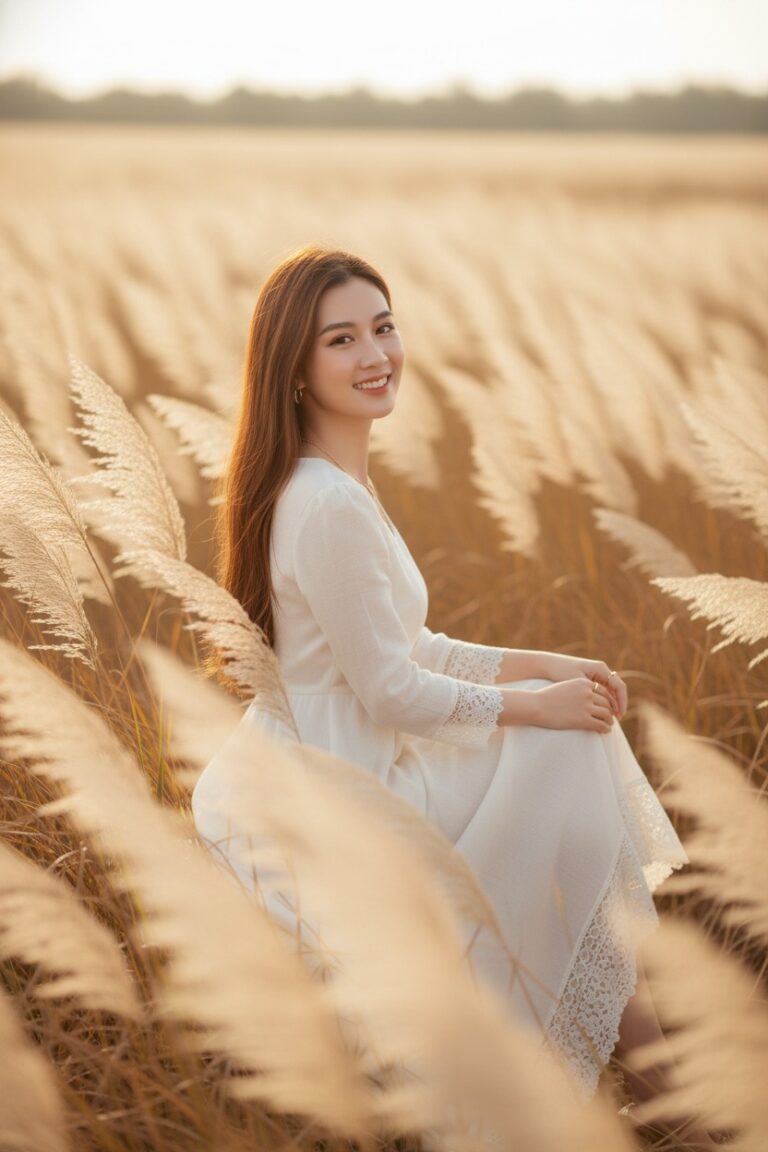 Chân dung thanh lịch giữa cánh đồng cỏ, ánh sáng hoàng hôn vàng ấm áp