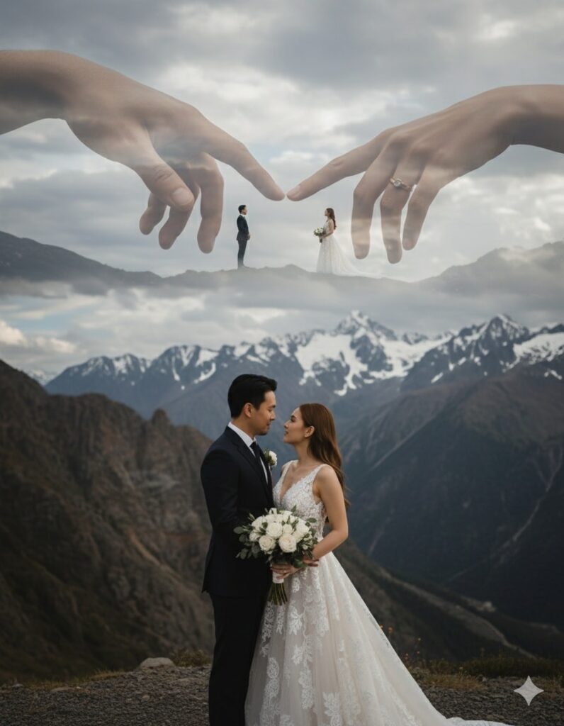 Tạo hình ảnh chân dung đôi tình nhân sống động giữa cảnh núi non hùng vĩ