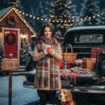 Chụp ảnh mùa đông cực chất với cô gái và chú chó bên xe tải trang trí Giáng Sinh