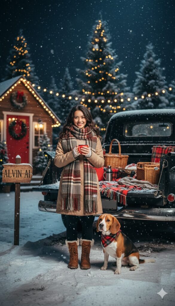 Chụp ảnh mùa đông cực chất với cô gái và chú chó bên xe tải trang trí Giáng Sinh