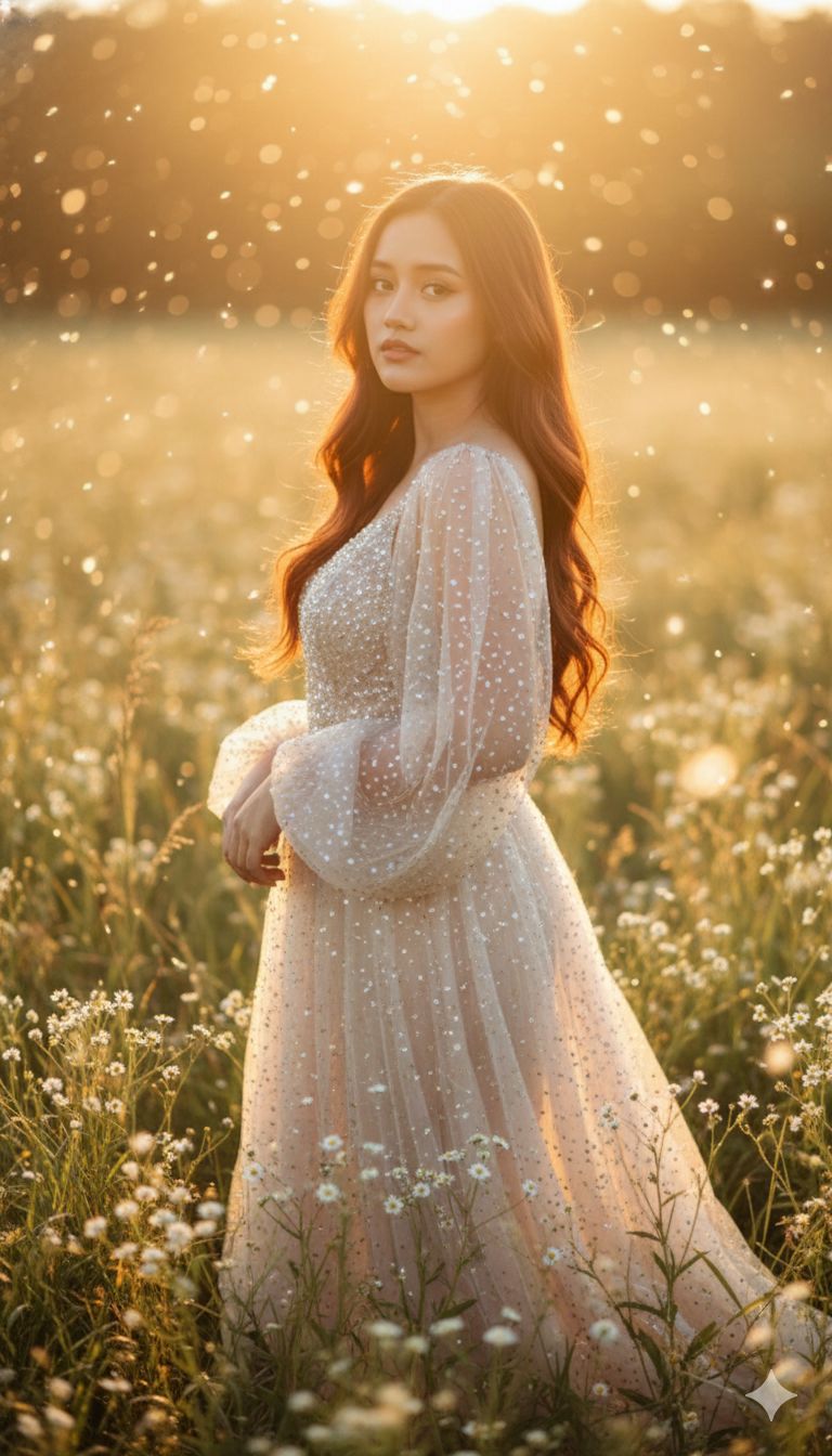 Hình ảnh đẹp mê hồn của cô gái giữa cánh đồng hoa dưới ánh hoàng hôn