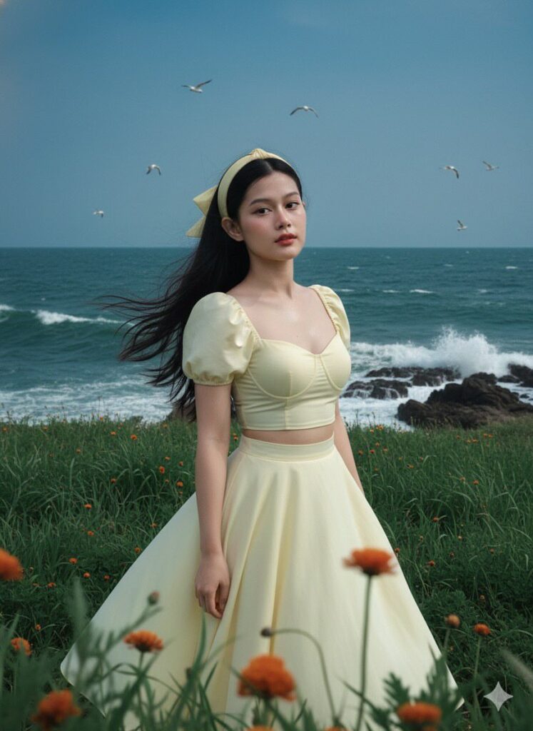 Tạo chân dung hiện thực 100% từ ảnh người phụ nữ xinh đẹp bên biển và cánh đồng hoa