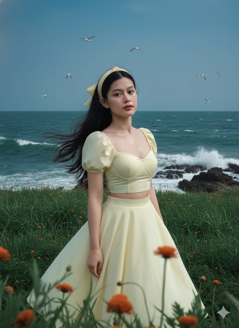 Tạo chân dung hiện thực 100% từ ảnh người phụ nữ xinh đẹp bên biển và cánh đồng hoa