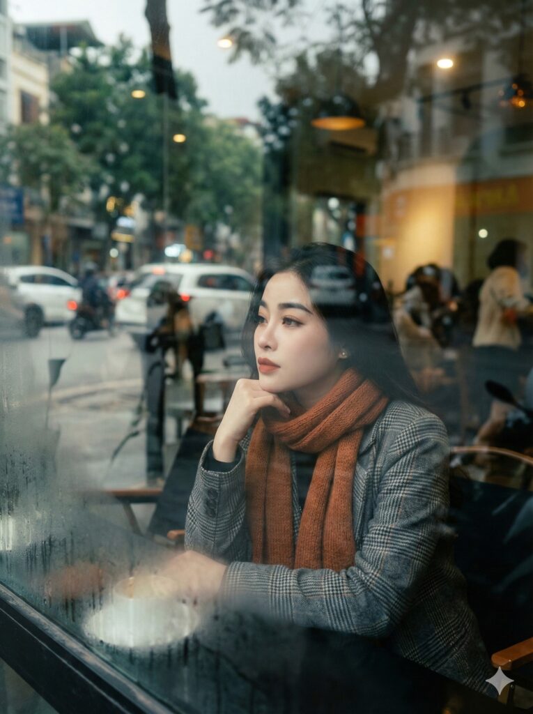 Café bên cửa kính Những suy tư của cô gái trong ánh sáng ấm áp mùa đông