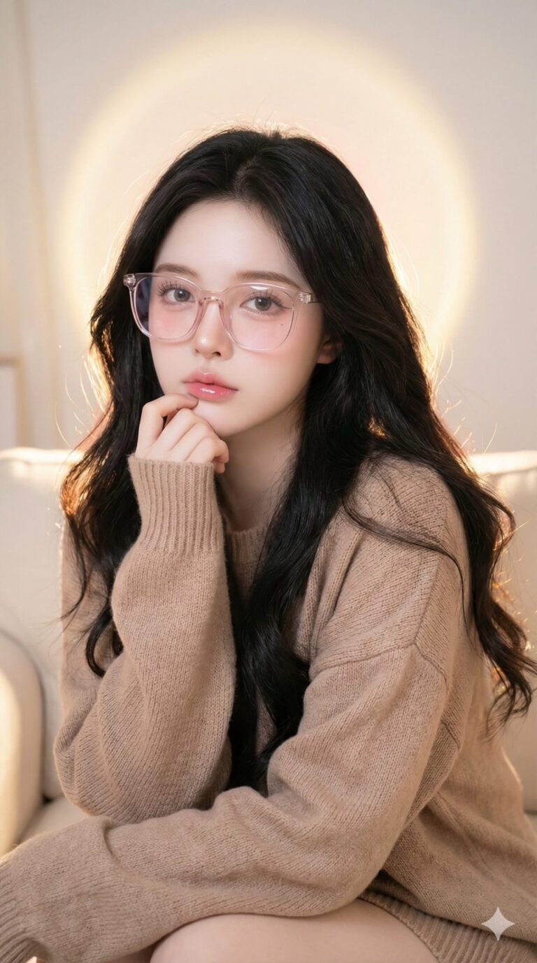 Chân dung đẹp nhẹ nhàng theo phong cách Hàn Quốc của cô gái trên sofa màu kem