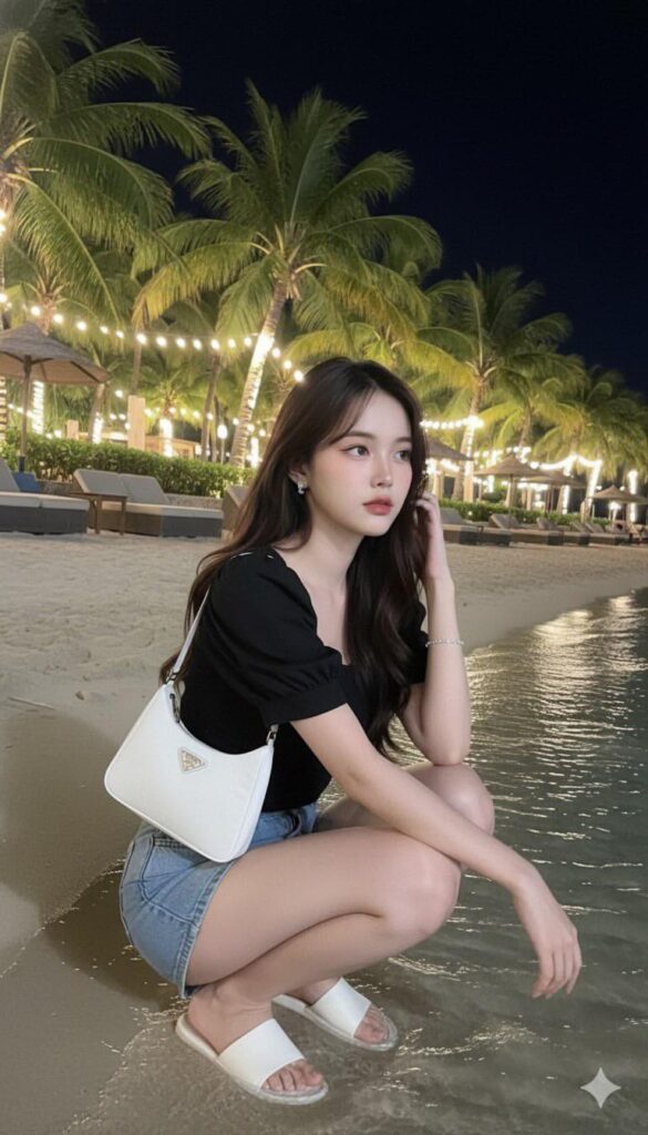 Bức ảnh đẹp của cô gái trẻ bên bờ biển thanh bình và gió biển nhẹ nhàng