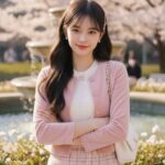 Cô gái K-Fashion xinh đẹp bên đài phun nước trong khu vườn thành phố