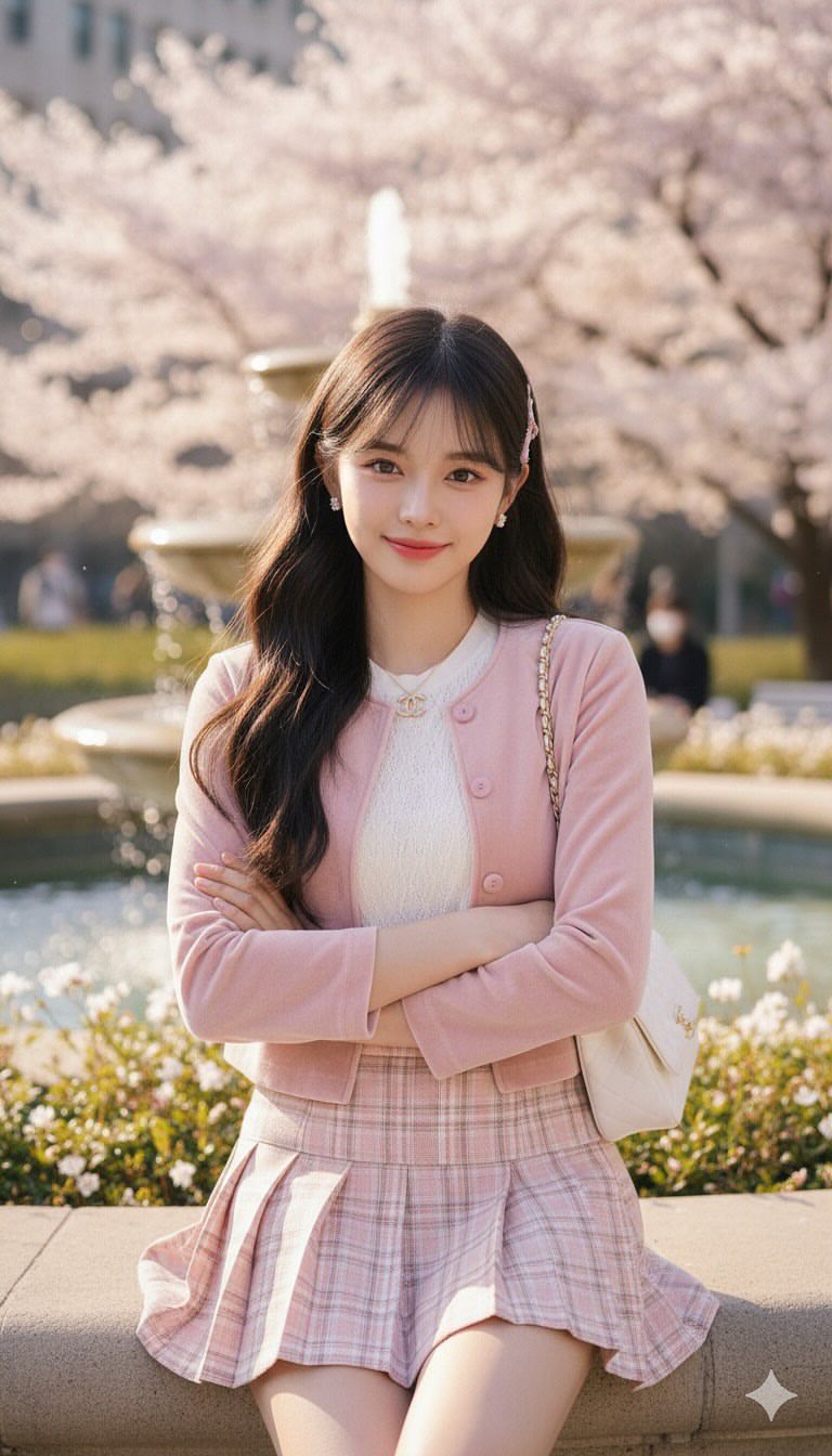 Cô gái K-Fashion xinh đẹp bên đài phun nước trong khu vườn thành phố