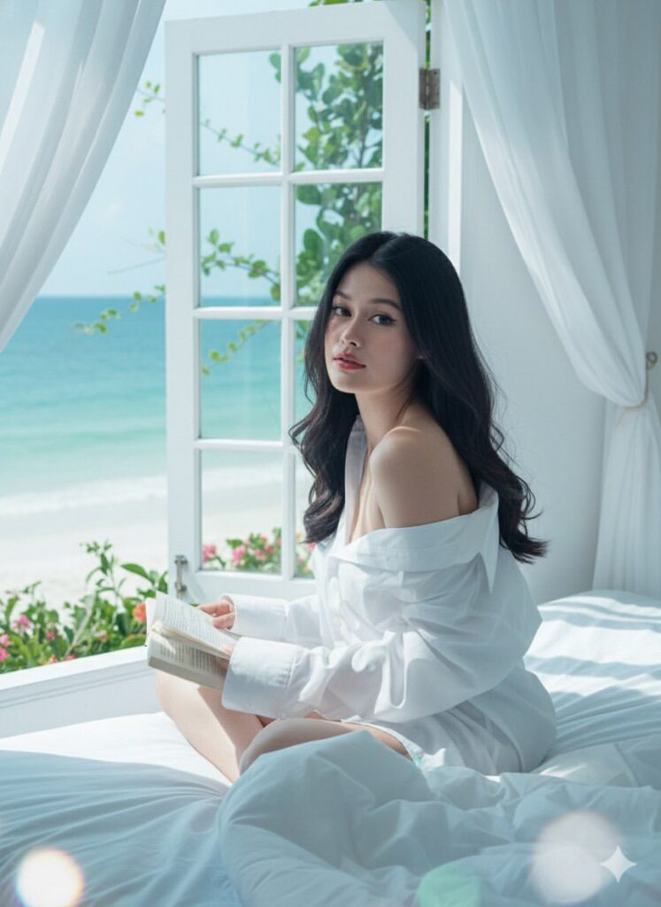 Chân dung siêu thực của cô gái bên cửa sổ nhìn ra biển xanh mát mắt