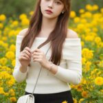 Cô gái trẻ giữa cánh đồng hoa vàng với phong cách thời trang dễ thương và cá tính