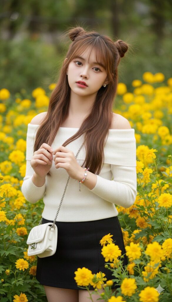 Cô gái trẻ giữa cánh đồng hoa vàng với phong cách thời trang dễ thương và cá tính