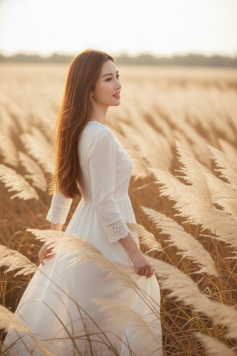 Chân dung nữ sinh Đông Á quyến rũ trong cánh đồng cỏ vàng ánh hoàng hôn