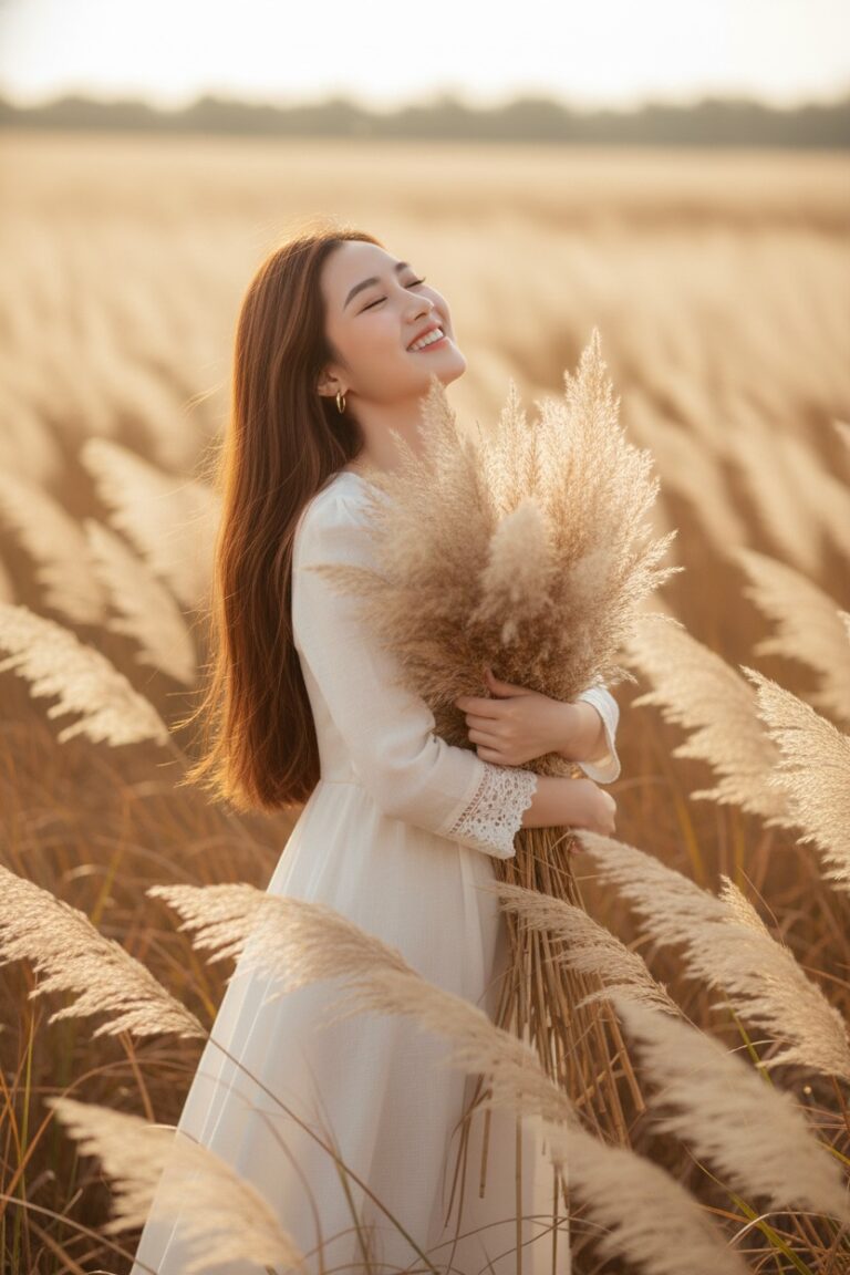 Bức tranh tuyệt đẹp của cô gái trẻ trong cánh đồng pampas rực rỡ ánh vàng