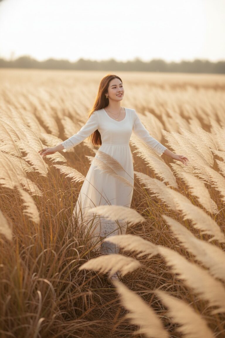 Cô gái Á Đông đẹp trong trang phục trắng giữa cánh đồng cỏ vàng ánh sáng vàng dịu dàng