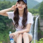 Chân dung cô gái trẻ xinh đẹp bên thác nước trong buổi sáng rực rỡ