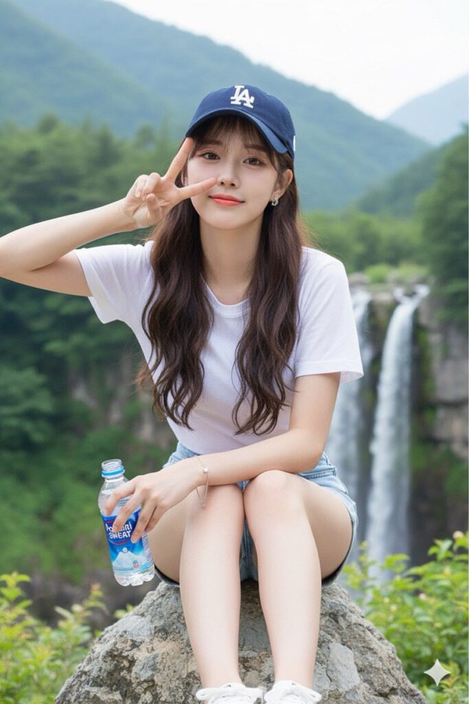 Chân dung cô gái trẻ xinh đẹp bên thác nước trong buổi sáng rực rỡ