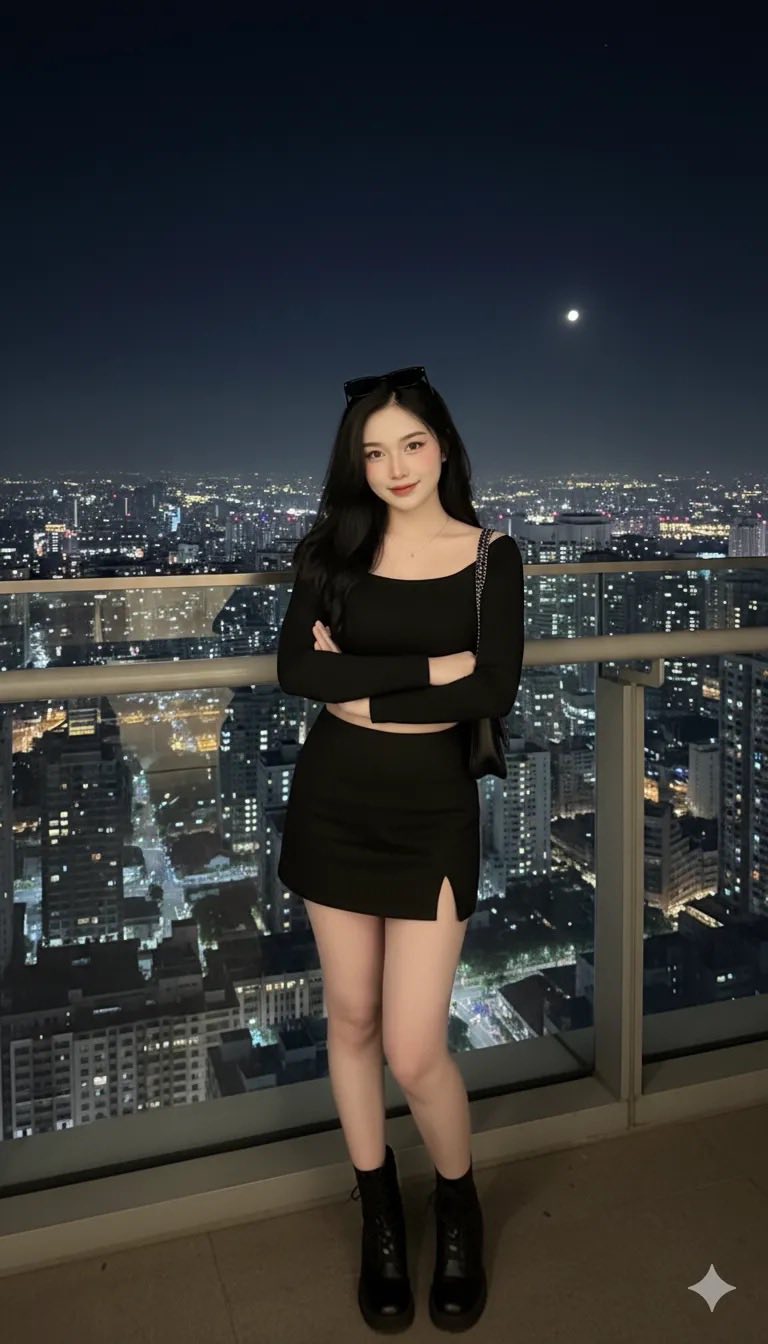 Chất ngời sắc đêm cùng phong cách thời trang đen quyền lực trên ban công cao ốc