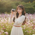 Cô gái thanh lịch giữa cánh đồng hoa cosmos tuyệt đẹp và ánh nắng mùa thu