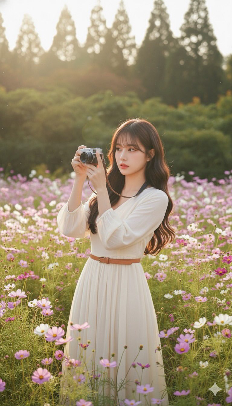 Cô gái thanh lịch giữa cánh đồng hoa cosmos tuyệt đẹp và ánh nắng mùa thu