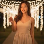 Chỉnh sửa ảnh gái trẻ trong khung cảnh buổi tối đầy ánh sáng lung linh