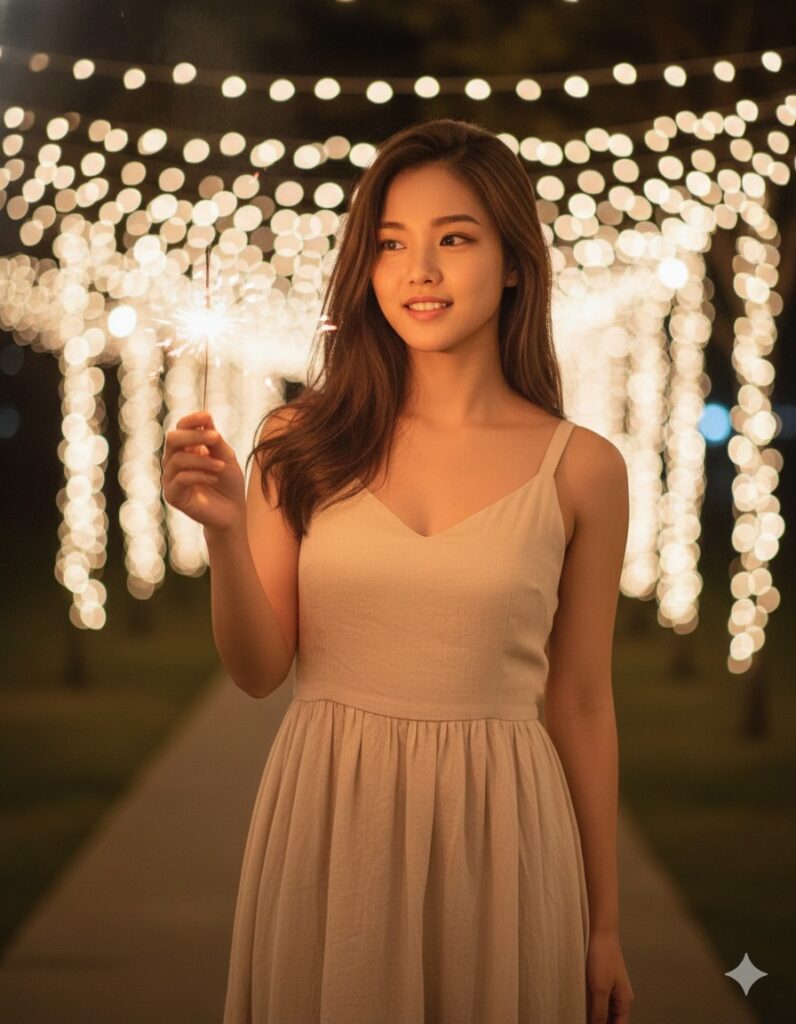 Chỉnh sửa ảnh gái trẻ trong khung cảnh buổi tối đầy ánh sáng lung linh