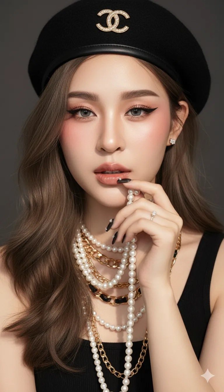 Chân dung hiện thực của cô gái trẻ với phong cách trang điểm nổi bật và trang sức sang trọng