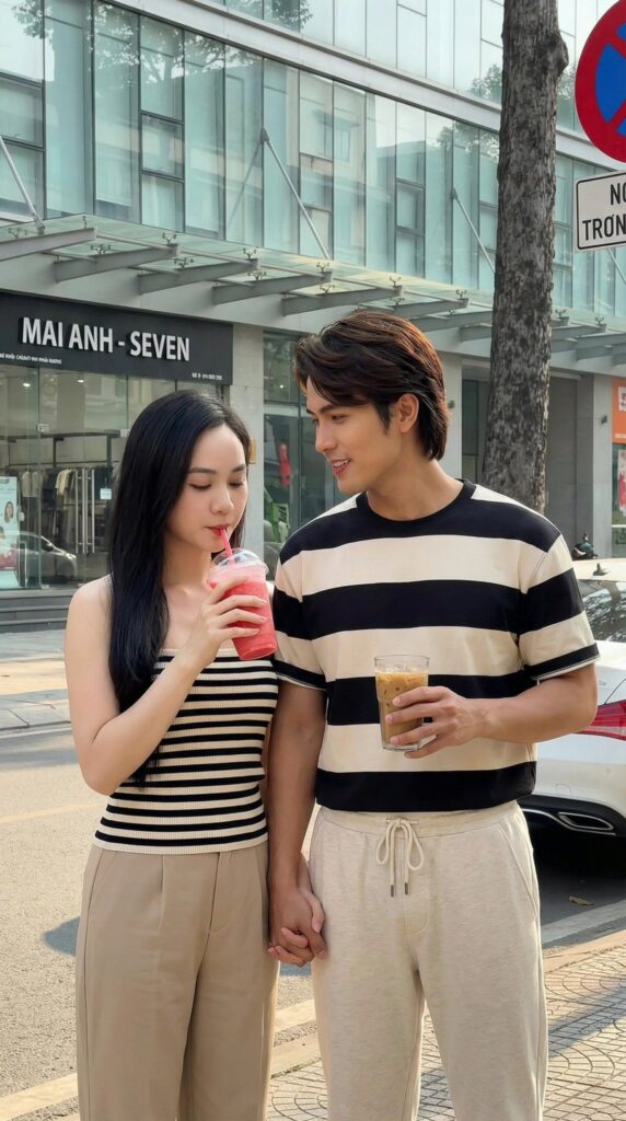 Cặp đôi trẻ trung tỏa sáng giữa phố phường hiện đại trong ảnh siêu thực 8K