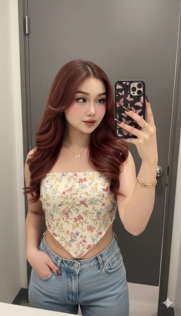 Mang phong cách selfie gương ấn tượng với tóc nâu đỏ và thời trang cá tính