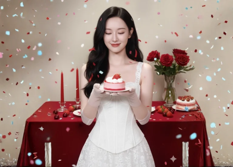 Chụp hình nghệ thuật với cô gái dịu dàng bên bàn tiệc ngọt ngào và lãng mạn