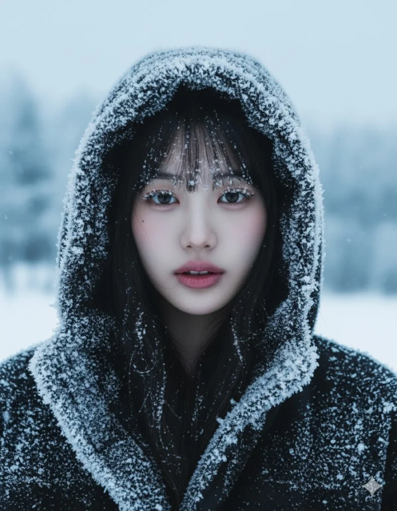 Chân dung mùa đông với ánh mắt sâu lắng và vẻ đẹp tự nhiên trong khung cảnh tuyết trắng
