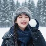 Chân dung mùa đông vui tươi với tuyết và ánh sáng tự nhiên