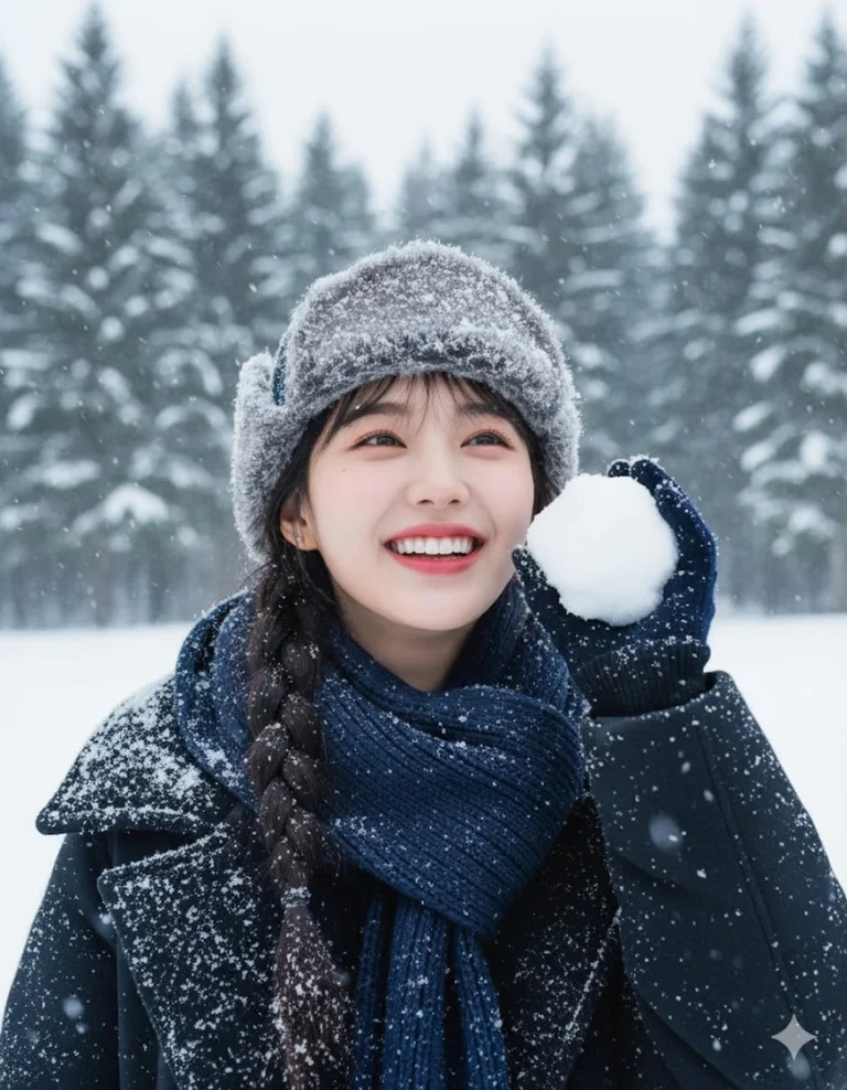 Chân dung mùa đông vui tươi với tuyết và ánh sáng tự nhiên