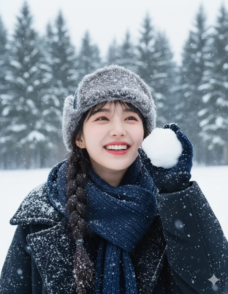 Chân dung mùa đông vui tươi với tuyết và ánh sáng tự nhiên