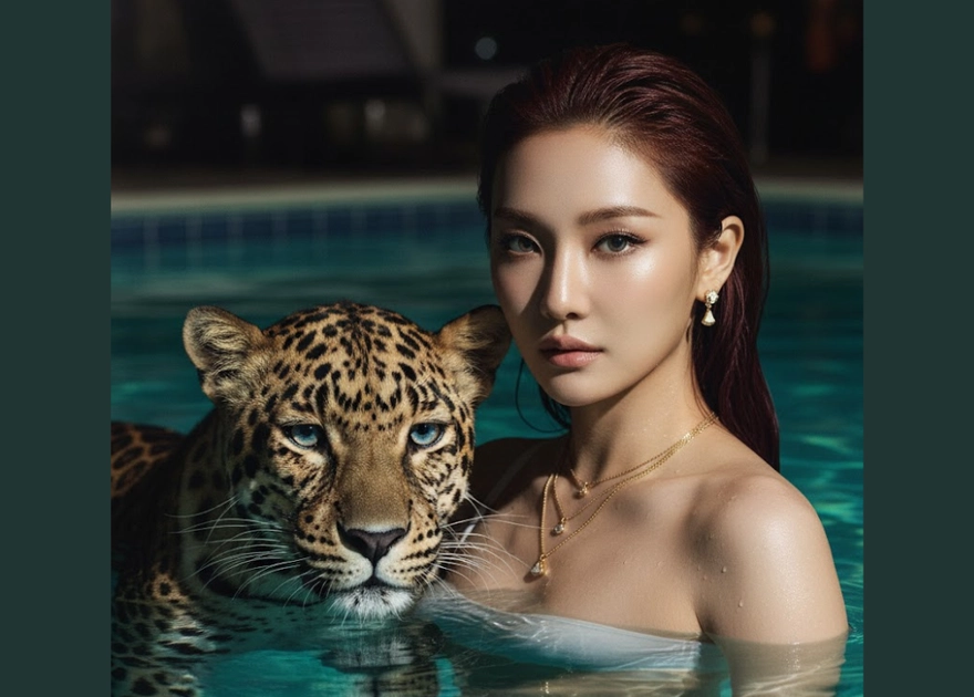 Chân dung quyến rũ bên hồ đêm cùng báo đen huyền bí