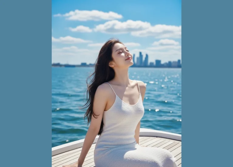 Nữ chính trong chiếc váy trắng giữa biển trời xanh tươi đẹp