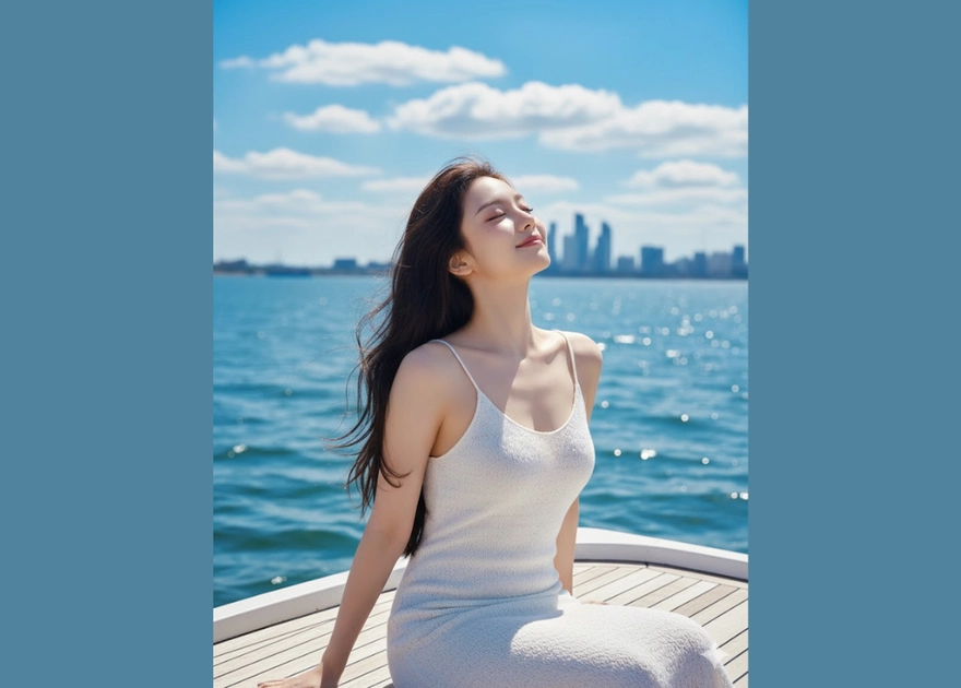 Nữ chính trong chiếc váy trắng giữa biển trời xanh tươi đẹp