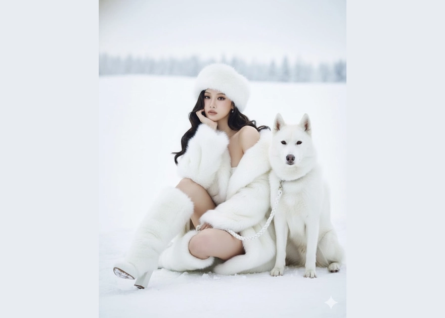 Giữ nguyên vẻ đẹp của cô gái trong bộ trang phục lông trắng giữa nền tuyết trắng