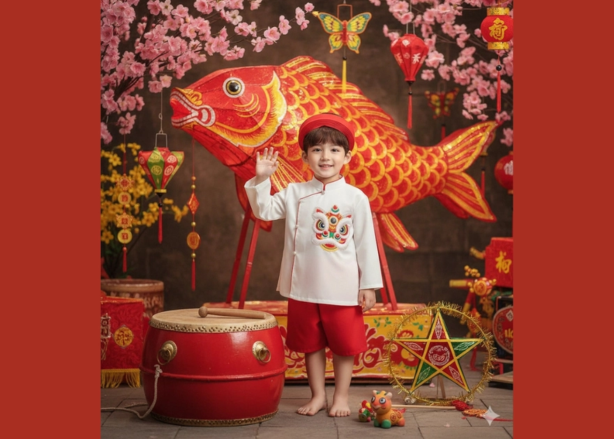Bức chân dung bé trai vui tươi trong không khí Tết Trung Thu truyền thống Việt Nam