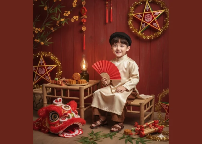 Chàng trai trong trang phục truyền thống ngày Tết Trung Thu rực rỡ và đáng yêu