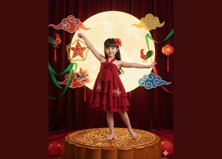 Cô bé trong trang phục truyền thống rực rỡ tại lễ hội Trung Thu lung linh